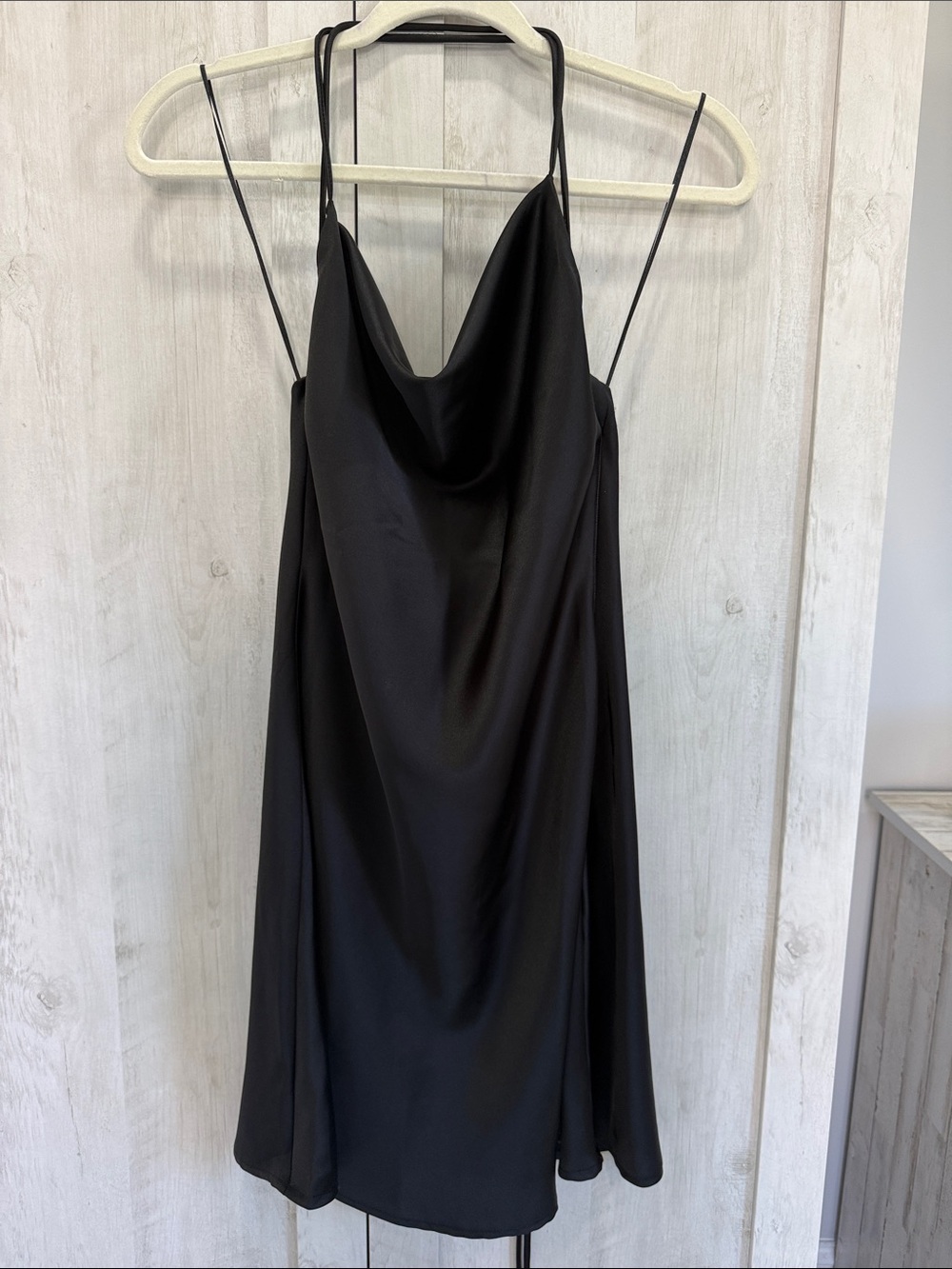 Black Satin Slip Mini Dress with Spaghetti Straps